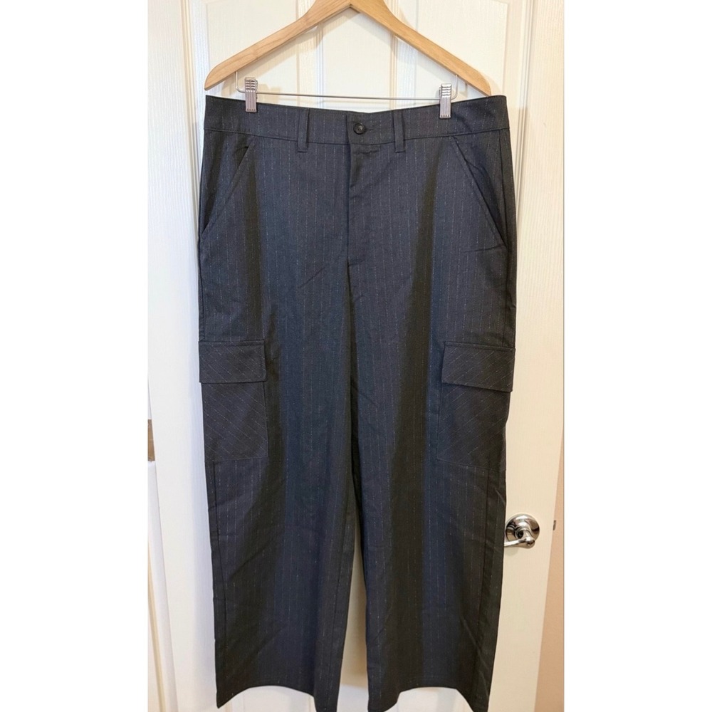 Tommy Hilfiger Wide-Leg Cargo Gray Striped Utility Pants Women's 14 NWOT Career